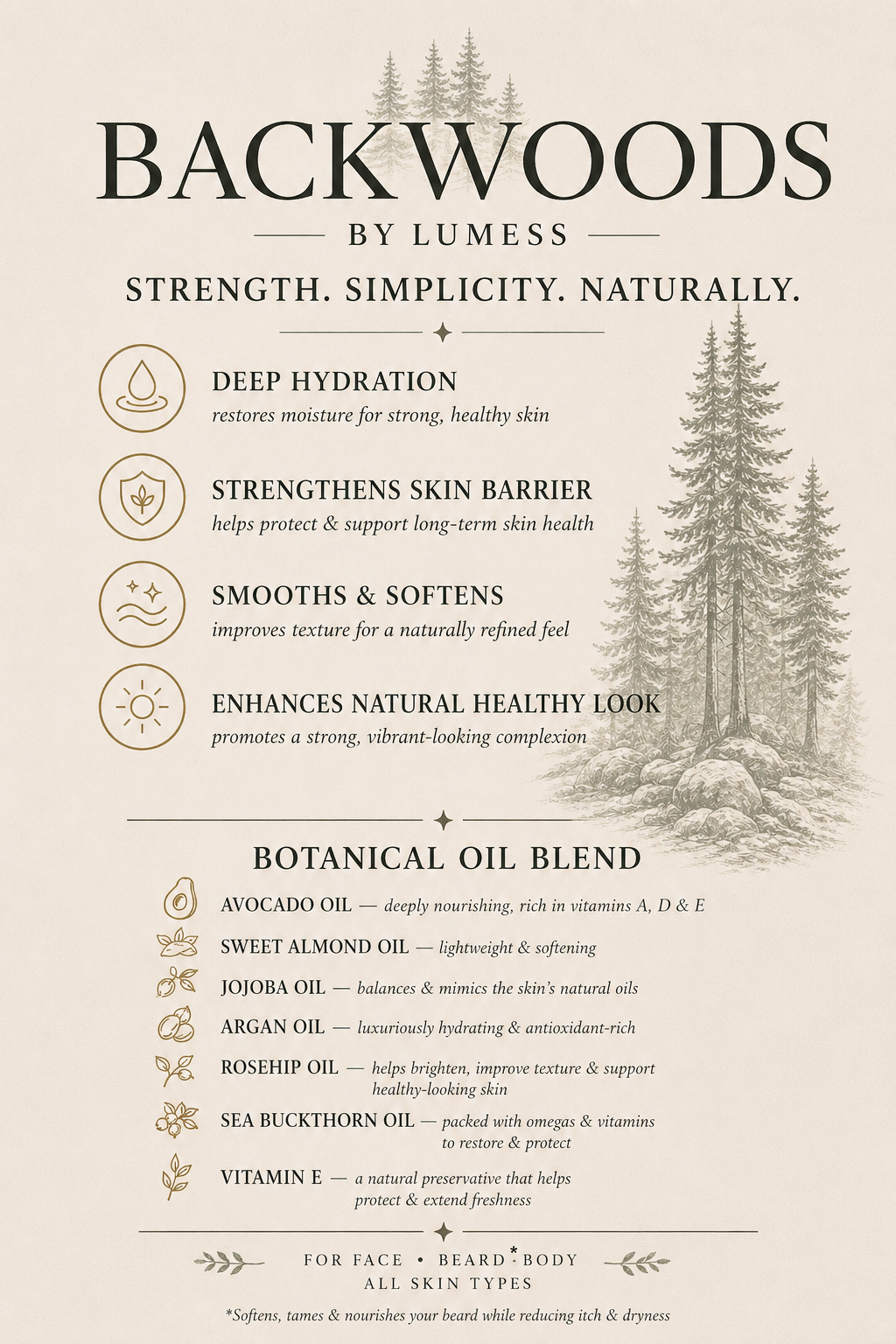 LUMESS oils -BACKWOODS Face and Body Oil (4oz)